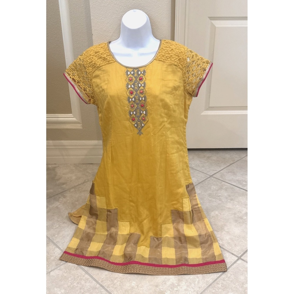 Mustard Yellow Art To Wear Embellished Geometric Sheer Cap Sleeve Sz L Dress